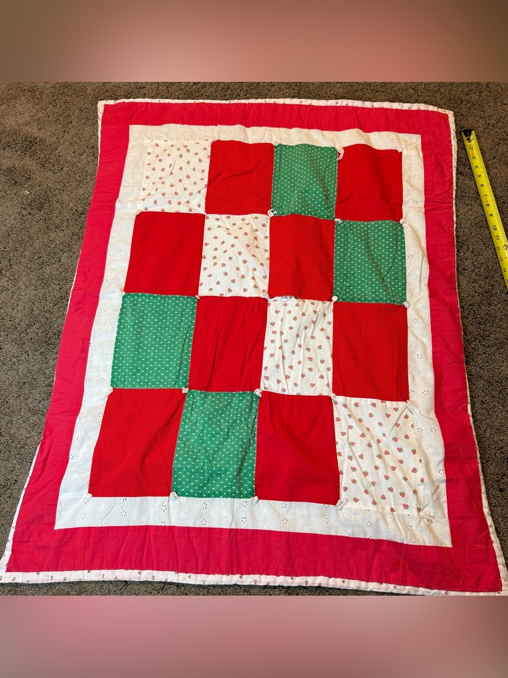 Vintage homemade Baby Blanket red white green w/ strawberries 31.5x40